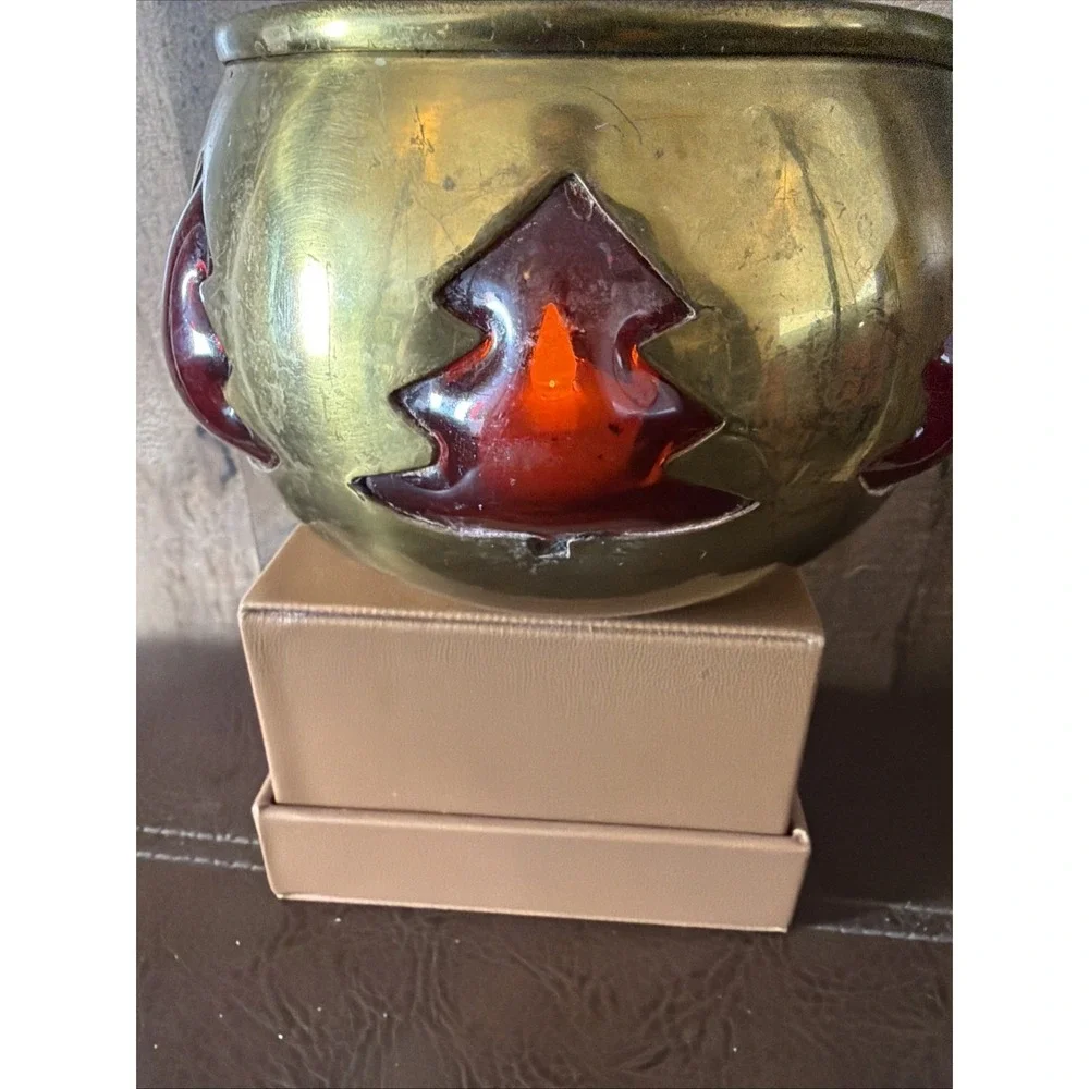 Vintage‎ Brass Ruby Red Glass Christmas Tree Votive Candle Holder Bowl 5.5